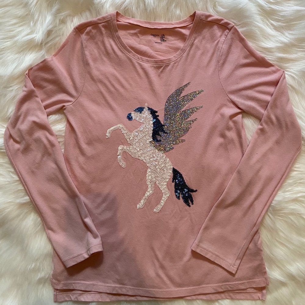 Girls Pink Long-sleeve Sequence Unicorn tee